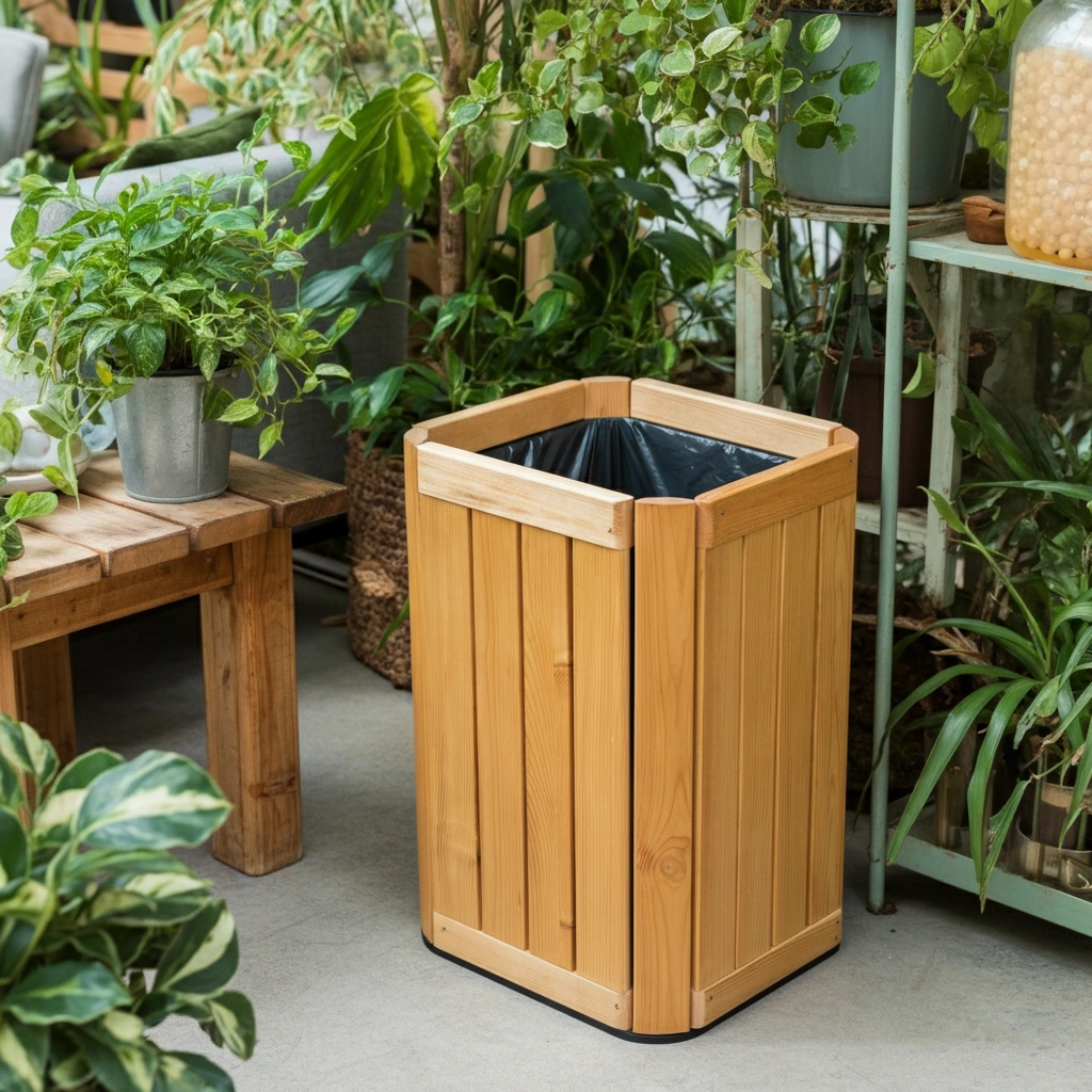 Wooden bin in sustainable home