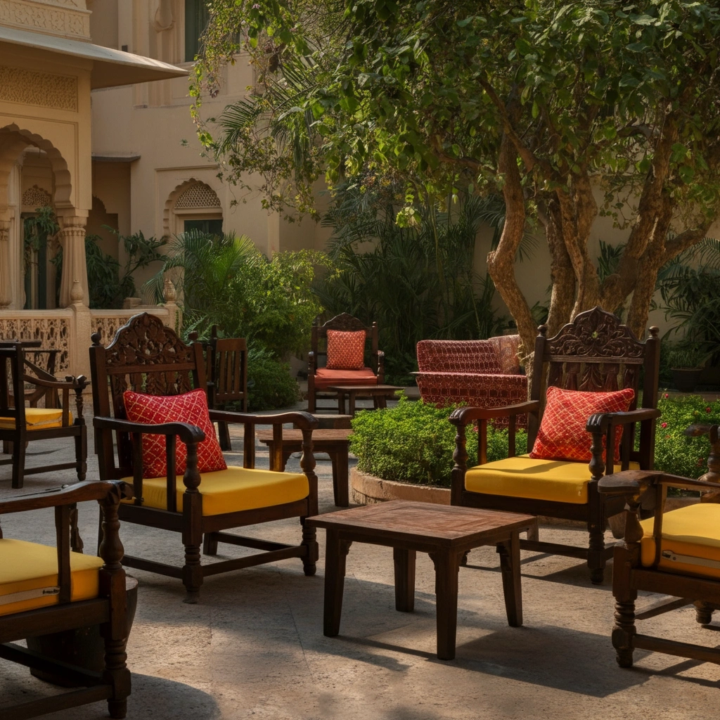 Elegant Indian outdoor furniture set with wooden chairs and cushions, crafted by the best outdoor furniture manufacturer in India