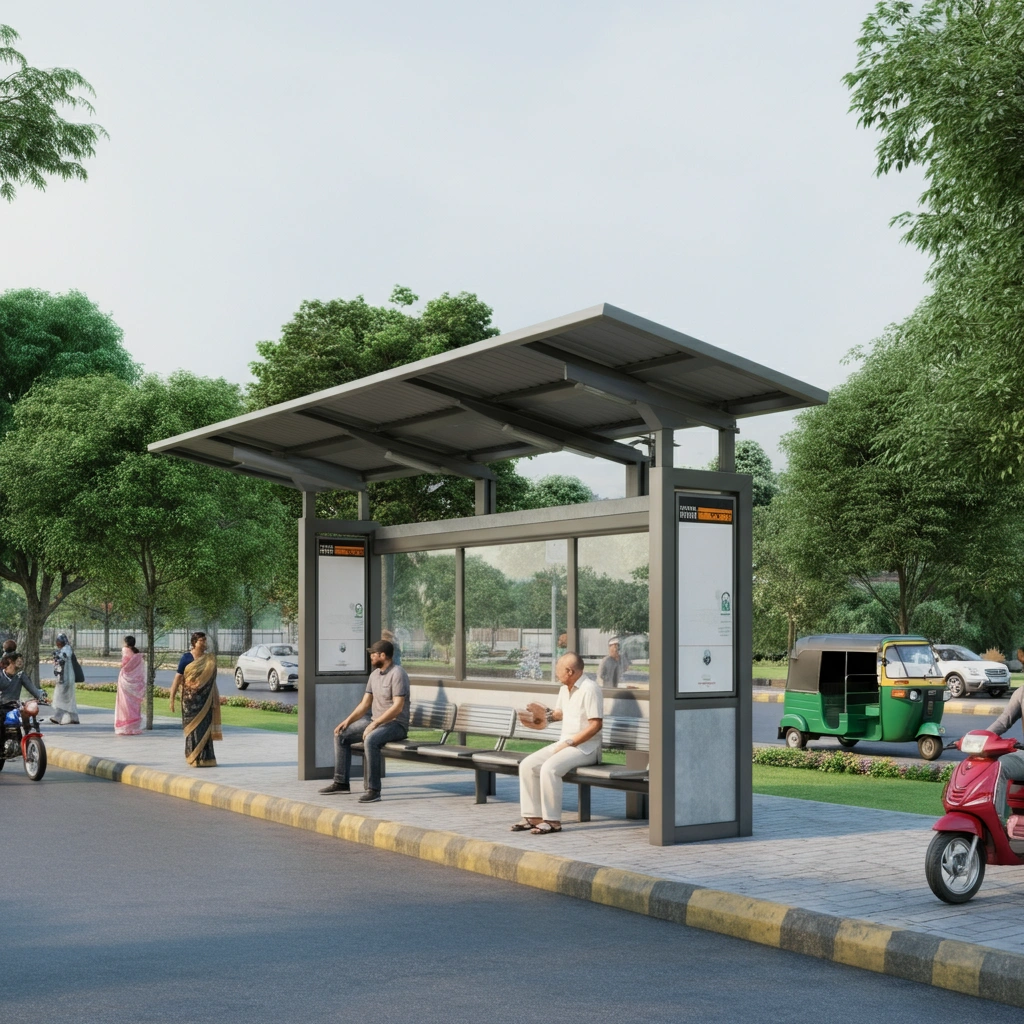Bus shelter manufactured by Urbanland Products, a top bus shelter manufacturer in India