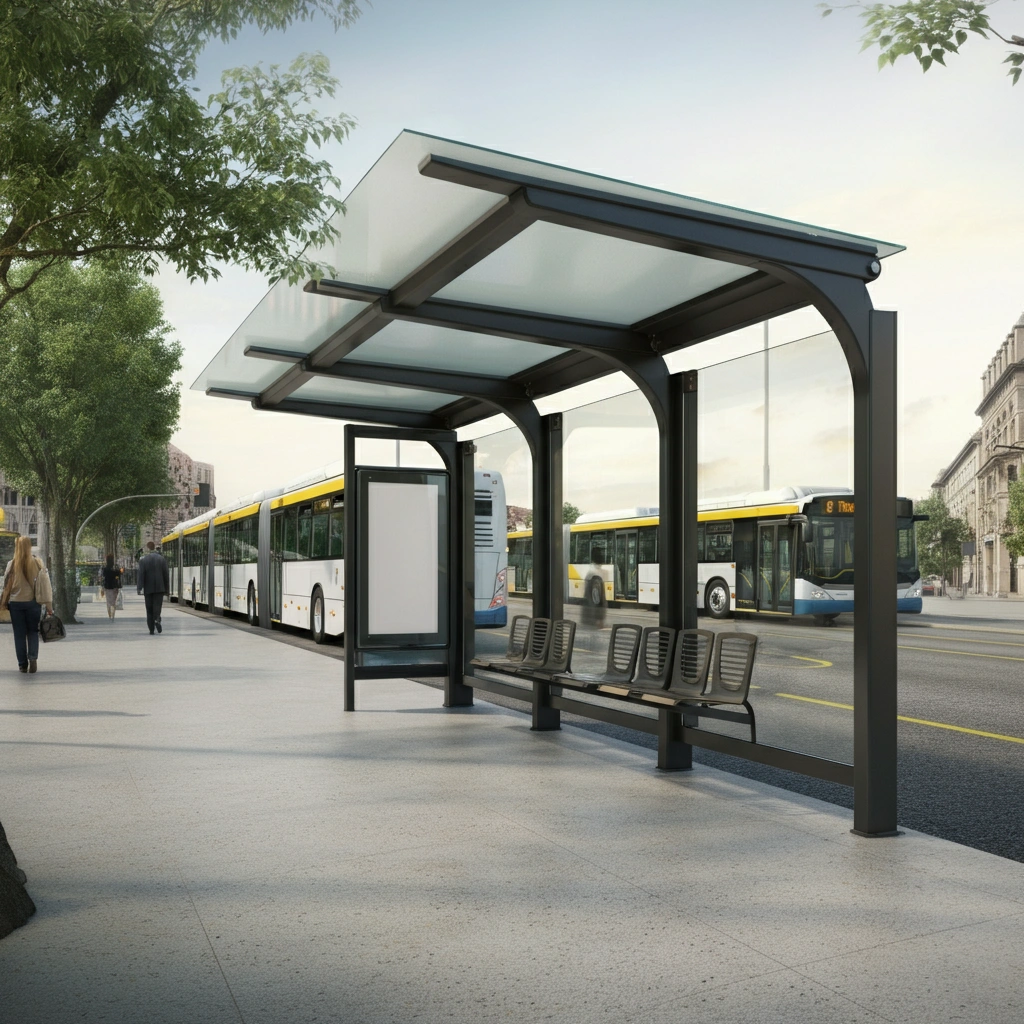 Modern urban bus shelter with glass canopy and seating, built by Urban Land Products – Bus Shelter Manufacturer in India