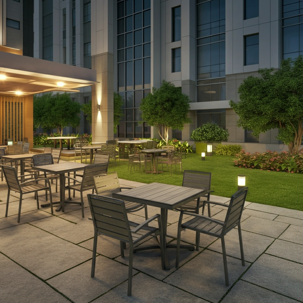 Elegant outdoor furniture setup in a garden patio by Urban Land Products – Best Outdoor Furniture Manufacturer in India