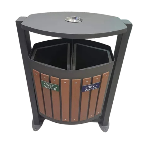Outdoor Dustbins Manufacturers in India – Round dual-compartment wooden finish outdoor dustbin designed for dry and wet waste by Urban Land Products.