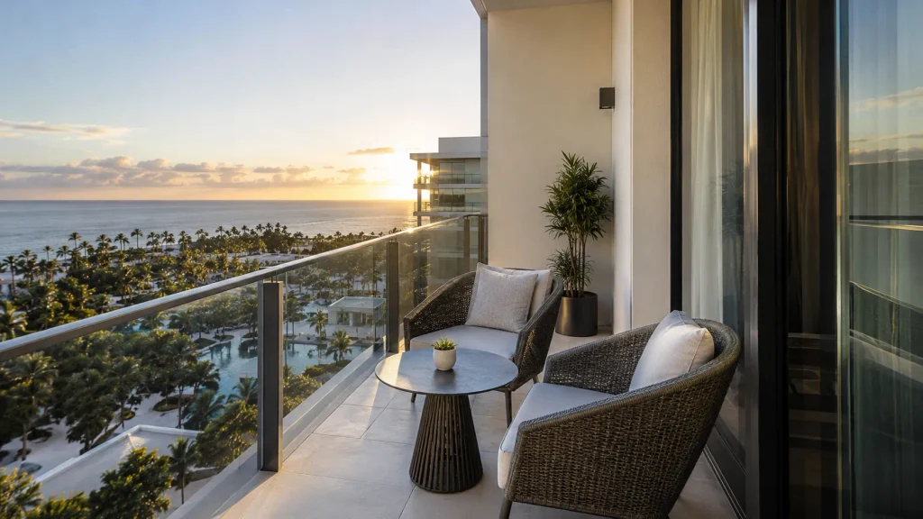 Compact hotel balcony furniture with wicker chairs and a small outdoor table overlooking a resort
