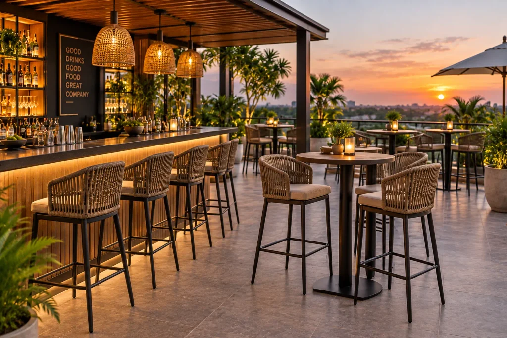 Outdoor bar stools and high tables for rooftop restaurants, bars and hospitality spaces
