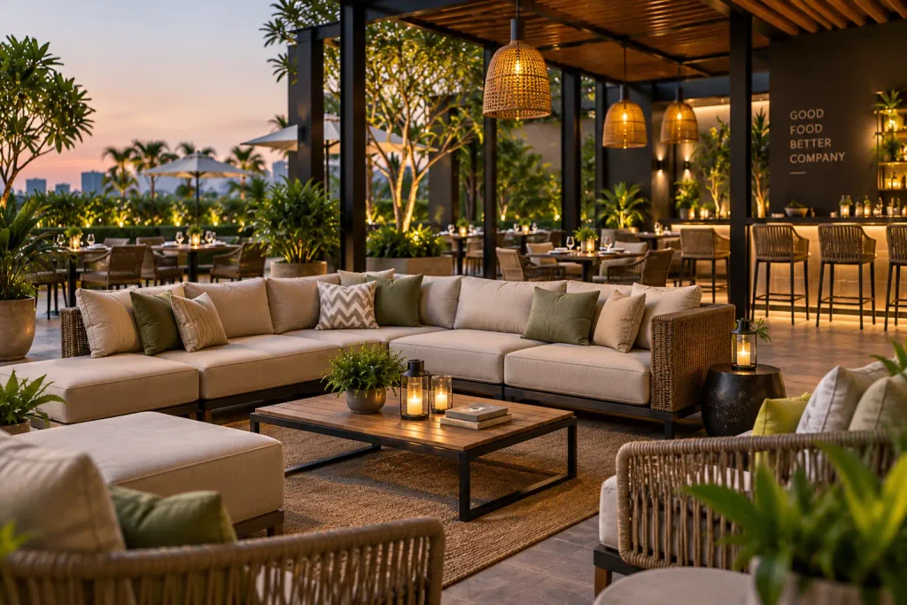 Outdoor sofas for restaurant lounge areas with modular seating, lounge chairs and coffee tables in a premium hospitality setting
