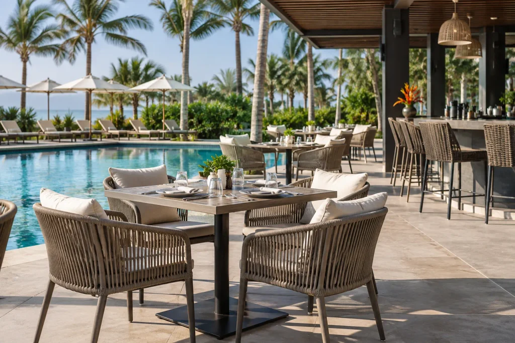 Poolside dining furniture with outdoor tables, chairs and bar seating at a luxury hotel resort
