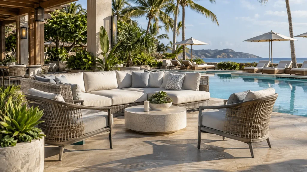 Poolside sofas and lounge seating with modular wicker furniture at a luxury hotel resort